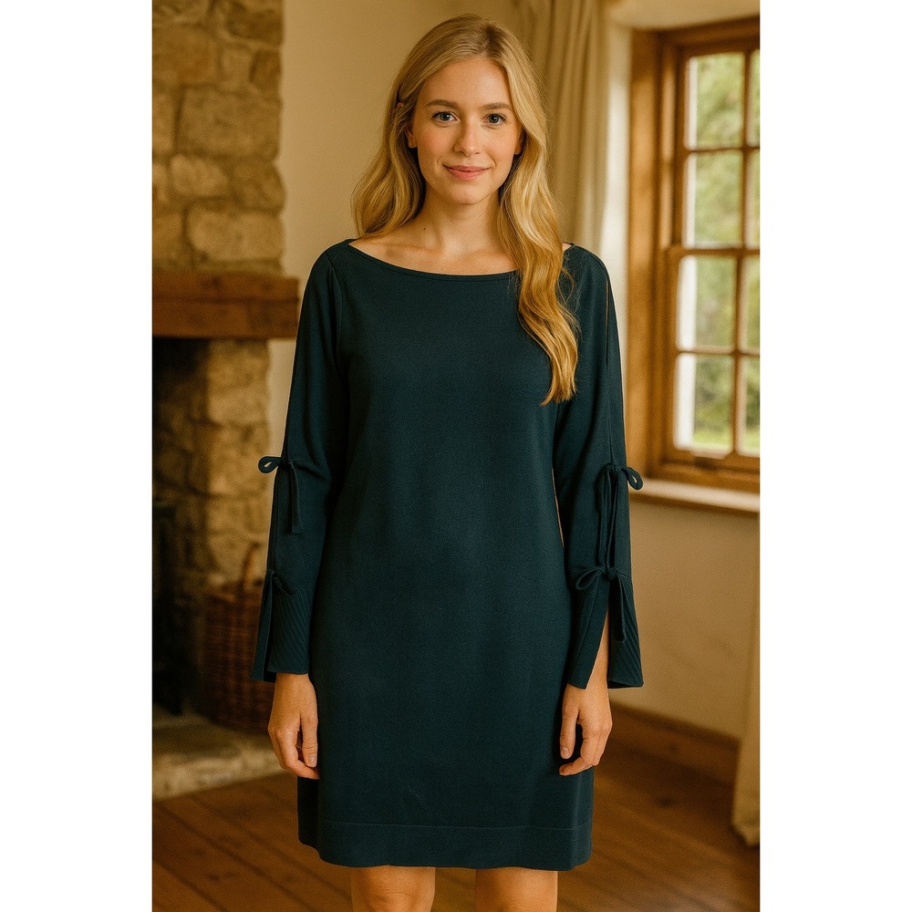 Vince Camuto Sweater Dress Womens Small Forest Green Tie Slit Sleeve Stretch